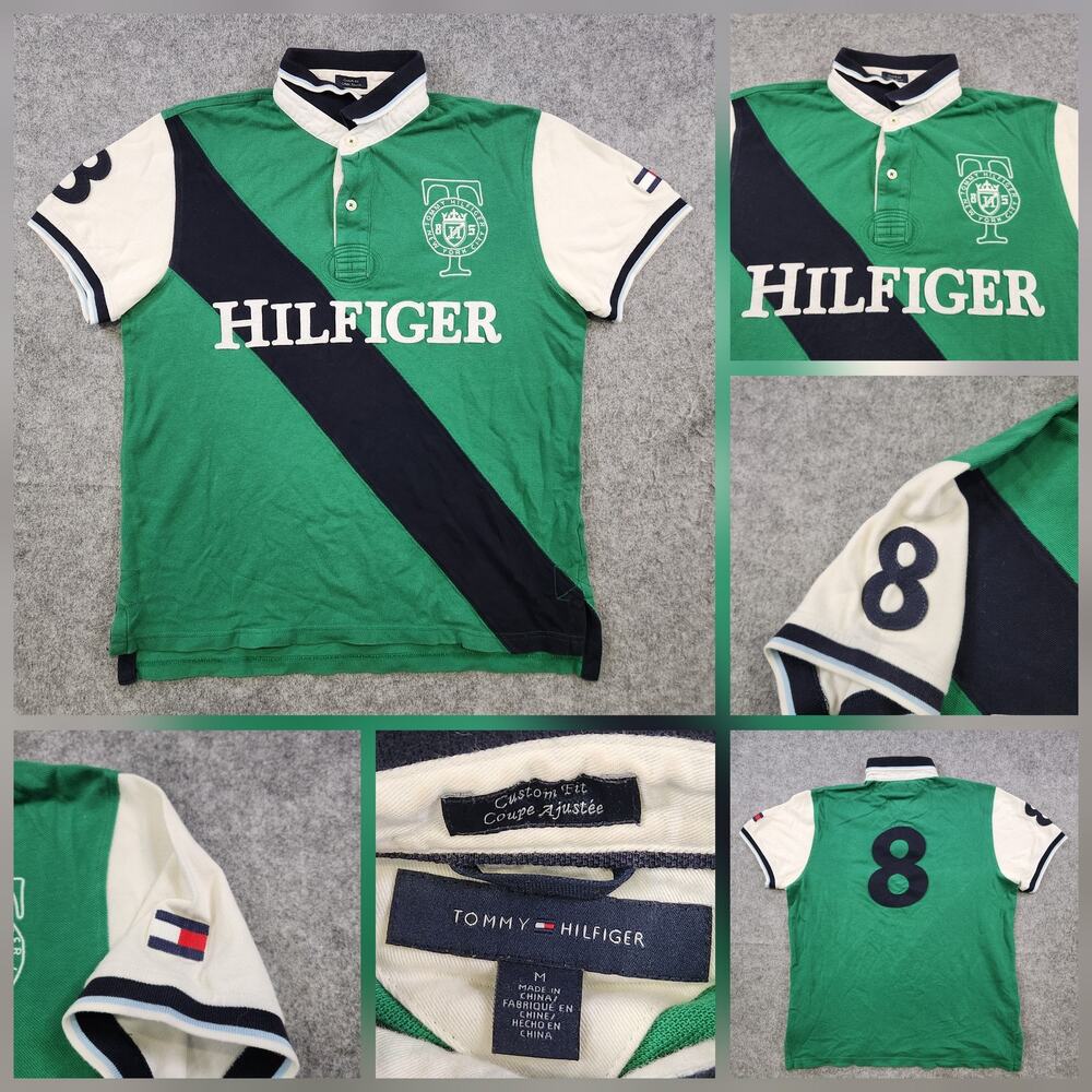 Tommy Hilfiger Polo Shirt Mens Medium Green Spellout‎ Custom Fit Rugby 8 Stripe